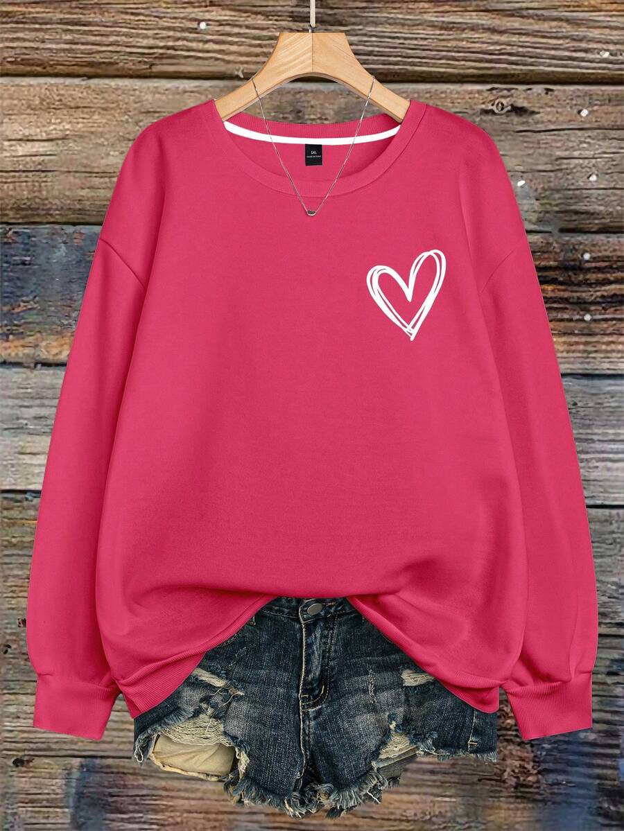 EMERY ROSE Plus Size Women's Heart-Shape Printed Round Neck Long Sleeve Sports Casual Sweatshirt Pullover - Hot Pink - View 1