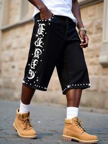 Manfinity Denimwave Quần short denim nam phong cách đường phố Mỹ, đính đá và in họa tiết Gothic. - màu đen - Xem 3