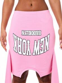 SUMWON WOMEN Asymmetric High Low New York Graphic Slogan Mini Skirt With Side Drape Detail - Pink - View 4