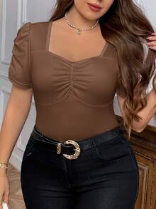 SHEIN Privé Plus Size Women's Ruched Keyhole Neck Drawstring Puff Sleeve Fitted Brown T-Shirt, Summer Tops Blouse Coffee Top Chocolate - Coffee Brown - View 6