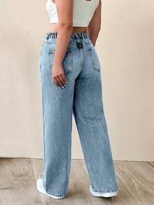 EURMUSE 100% Cotton Plus Size Women's Mid-Blue Elastic Waist Straight Leg Jeans - Medium Wash - View 2