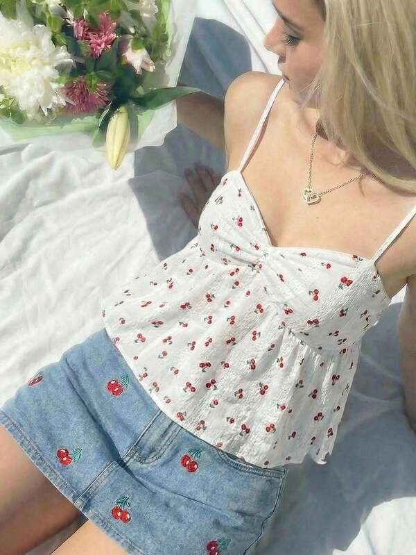 SHEIN MOD 休闲可爱樱桃印花吊带背心，夏季