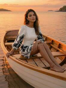 CAJUNI 女士印花船领灯笼袖度假连衣裙 - 米色 - 查看 4