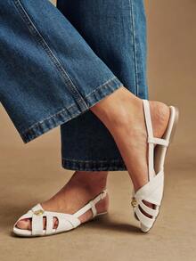 Rosivie Giày sandal nữ kiểu Pháp thanh lịch bằng da lộn họa tiết hoa trà, mũi tròn, gót bằng, quai sau khoét rỗng, thời trang thích hợp cho đi biển và đi làm. - trắng - Xem 3