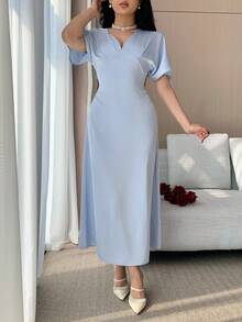 DAZY Women's Elegant Solid Color V-Neck Mid-Length Dress, Summer Wedding Guest Dress Sundress - Blue - View 7
