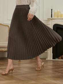DAZY Women's Autumn Elegant Side Zipper Solid Color Pleated Skirt - Army Green - View 6