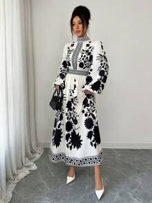 Rafferiza 女士优雅印花长袖连衣裙 - 黑色 - 查看 5