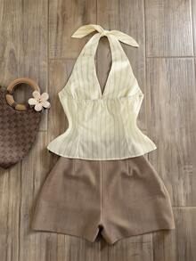 Airaco Conjunto casual de 2 piezas con top halter estampado de rayas y shorts de unicolor para mujer - Multicolor - Ver 2