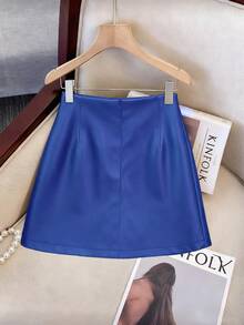 Franclia 女士时尚优雅派对百搭不对称金属扣装饰皮裙 - 藍色 - 查看 2