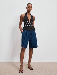 ATUI Studio Women's Casual Floral Button Backless Camisole Top Women's V-Neck Pleated Vest, Summer Camisole, Women's Hanging Neck Top, Deep V-Neck Top, Women's Degree Pretend - Black - View 4