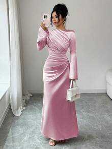 Rafferiza Đầm ôm dáng thanh lịch với thiết kế xếp ly phía trước, tay áo loe bằng vải satin, màu hồng nhạt, thích hợp cho tiệc tùng hoặc mặc hàng ngày, mùa thu/đông. - Màu hồng Bubblegum - Xem 6