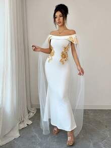 SHEIN Raffinéa Women's Off-Shoulder Embroidered Fitted Slit Dress, Elegant - White - View 3