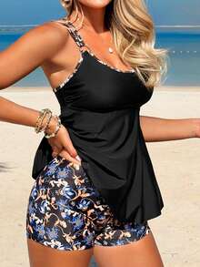 2026Swim Lushoire Modischer und eleganter schwarzer Retro-Badeanzug, Paisley-Muster mit Schleife, Spaghetti-Träger mit Ring-Dekor Bikini-Top und -Hose 2-teiliges Set - Schwarz - Übersicht 1