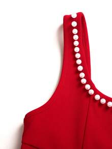 SHEIN Tween Girl Elegant Square Neck Sleeveless Pearl Decor Dress Tween Girl - Red - View 6
