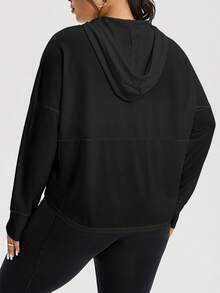 Rhythm Era Plus Size Women's Solid Color Drop Shoulder Long Sleeve Zipper Front Drawstring Hooded Sports Jacket - Black - View 3