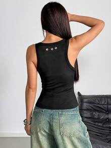 Almamuse Cool Girl Black Round Neck Tight-Fitting Y2K Vest With Eyelets, Summer Vacation Outfit, Sleeveless Top, Women's Casual Top, Black Top, Women's Carnival Costume.Graduation Season Attire, Fashionable Casual Commuter Wear, Business Office Wear, Versatile And Stylish Everyday Casual Wear, Urban Teacher's Professional Attire - Black - View 2