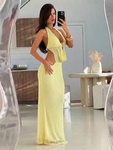 Aloruh 女士度假深V领海星纯色纹理露背高开衩连衣裙 - 黃色 - 查看 4