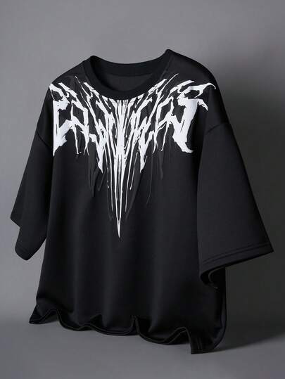 PAVTROS 男士街头风深色印花圆领短袖T恤，男士黑白泡沫印花深色翅膀结构展开图案T恤，情人节，春夏，送男友的礼物，狂欢节，复古，街头服饰，派对，圣帕特里克节，外出