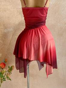 Soleia Women's Gradient Print Asymmetrical Hem Ruched Bust Spaghetti Strap Midi Dress, Sexy For Beach, Date, Holiday, Beach Vacation, Wedding, Cruise - Burgundy - View 6