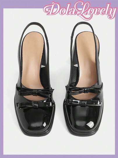 Dola Lovely Black Patent Thick Heel Double Bow Tie Backstrap Open Toe High Heel Pumps, Suitable For JK Uniform, Commute, Daily, Campus, Fashion, Lolita Style