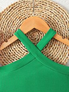 Young Girl's Summer Vacation Casual Green Criss-Cross Sleeveless Camisole Top Paired With Tropical Ditsy Floral Elastic Waist Pleated Midi Skirt - Multicolor - View 6