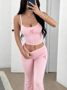 SHEIN EZwear 女士休闲通勤瑜伽运动蝴蝶印花修身露脐背心和喇叭裤套装 - 彩色 - 查看 4