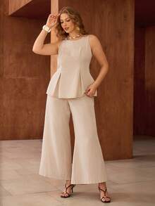 Roveilla Plus Size Women's Beige Summer Elegant Vacation Holiday Brown Striped 2 Pieces Set Waist Cinched Sleeveless Blouse And Wide Leg Pants Outfit Suits - Brown - View 6