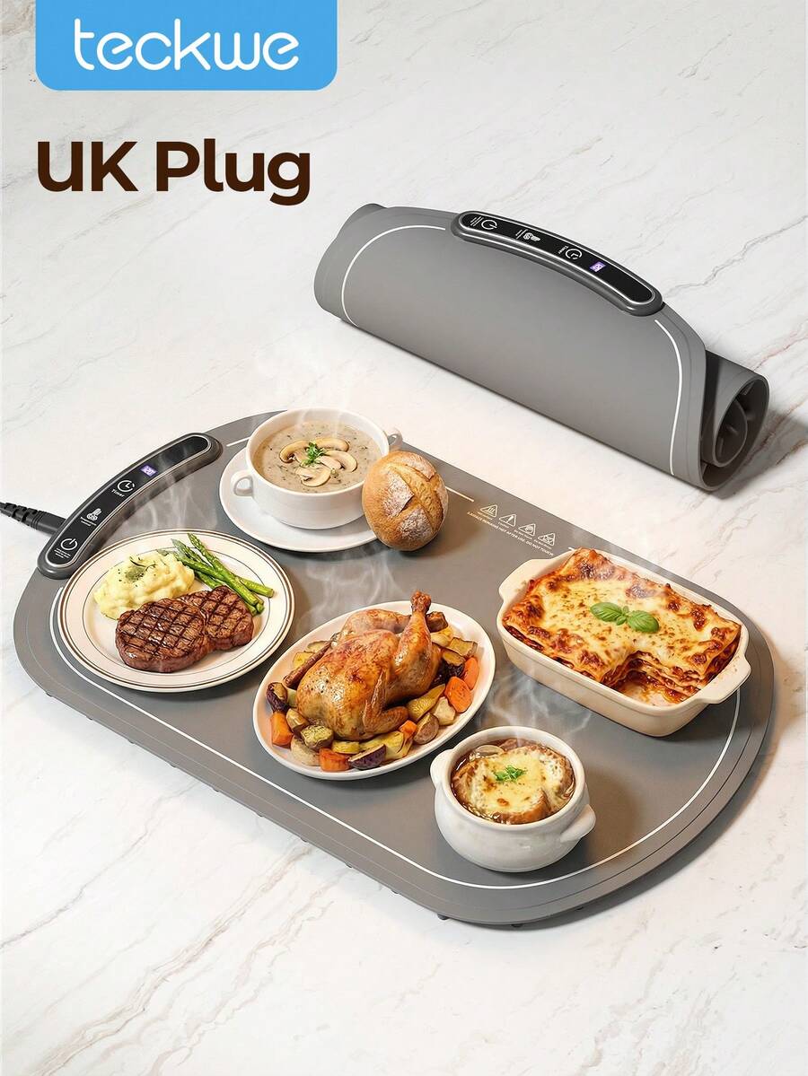 Teckwe 1 tấm lót hâm nóng thức ăn màu xám, khay hâm nóng thức ăn điện dùng cho nồi hâm nóng và tiệc buffet, máy hâm nóng thức ăn để bàn di động cho các bữa tiệc, 8 mức nhiệt độ, hẹn giờ 8 tiếng - phích cắm kiểu Anh - Xem 1
