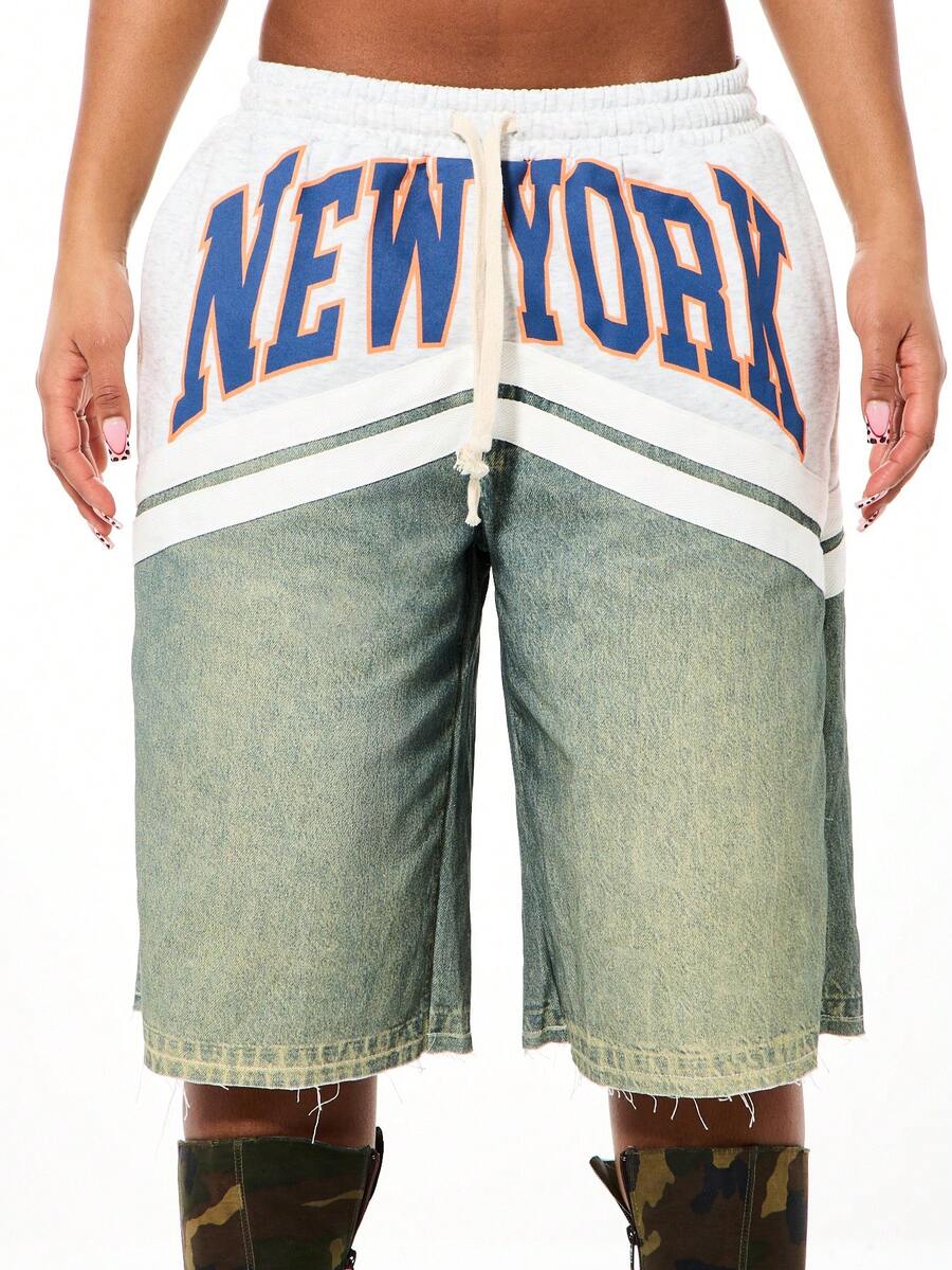 SUMWON WOMEN Basketball New York Print Spliced Denim Shorts With Distressed Hem And Drawstring Waist - Blue - View 1