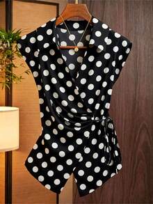 GlowEve CURVE Elegant Tie-Waist Polka Dot V-Neck Blouse - Black - View 1