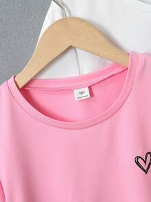 SHEIN 3件套女童蝴蝶结印花腰部短袖T恤套装，包括灰色、粉色和黑色 - 彩色 - 查看 5