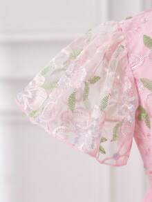 SHEIN 1件少女优雅花卉刺绣网纱A字公主裙，适合派对、姐妹聚会、生日、春夏穿着 - 粉色 - 查看 6