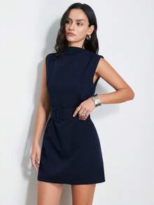 Aveloria Modichic New Elegant Commuter Style Mini Dress With Belt Decor - Navy Blue - View 3