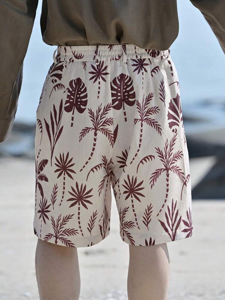 Summer Vacation Style Coconut Tree Pattern Elastic Waist Men Shorts