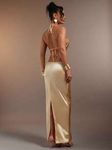 Hauture Women's Sexy Hanging Tassels Fringe Halter Deep Neck Backless Dress - Khaki - View 2