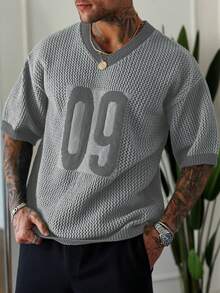 Manfinity Homme 男士休闲宽松针织套头衫，饰有数字图案，适合日常通勤和夏季穿着 - 灰色 - 查看 4