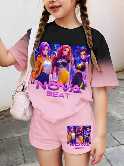 2pcs/Set Ombre Pink To Black, Cartoon Girl Outing, K-Pop, Tween Girl Casual Minimalist Short Sleeve Top And Shorts Set, Suitable For Summer Cute Outfits, Summer Kids Items, Summer Outing Items, Korean Style, Homecoming, Easy Comfort, Stylish Kids, Spring & Summer Outfits For Outing, Casual Wear, Baby & Kids Graphic Tops, Summer New Style, Spring & Summer Fashion