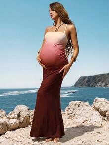 MaterniChic Vestido de tirantes ajustado con bajo de cola de pez degradado para maternidad - Rosa - Ver 8