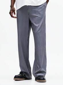 SUMWON 男士宽松阔腿条纹休闲裤，抽绳腰带，松紧裤脚，睡衣风格，夏季舒适家居服长裤 - 灰色 - 查看 3