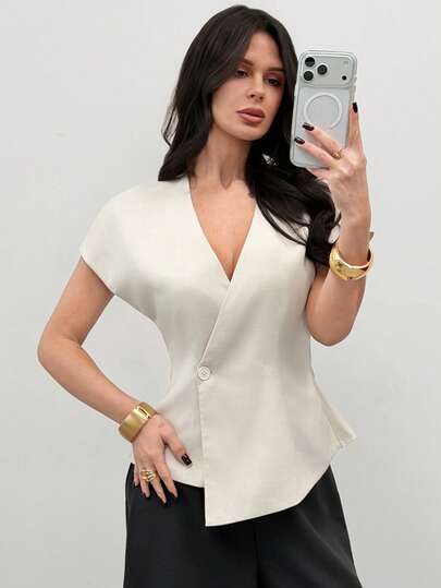 Firerie 女士优雅休闲通勤办公套装，白色短袖V领收腰纽扣不对称下摆修身西装外套，适合工作、教学、职业场合穿着