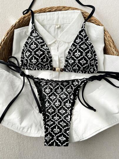 Swim Vcay 2pcs/Set Black & White Textured Fabric Beaded Halter Neck Front Sexy Bikini Swimsuit Set For Women