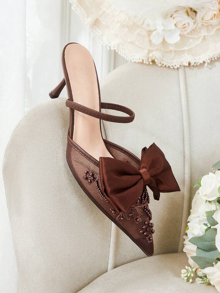 CUCCOO HITCHD Women Shoes Four Seasons New Embroidery Bow Beaded Pointed Toe Thin Heel High Heel Mesh Women's High Heel Shoes Instep With Dew Heel Shoes Elegant Elegant Fashion Wedding Valentine's Day Tea Elegant Wear Valentine's Day Elegant Shoes Wedding Shoes Summer Shoes Bride Shoes