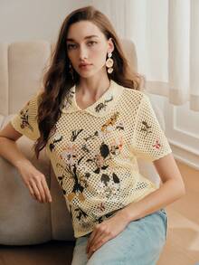 Anewsta Women's Fashion Embroidered Knit Short Sleeve Top, Early Spring - Yellow - View 6