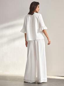 Ocili Pijama Feminino Confortável de Algodão 100% Boêmio, Retalhos, Renda Simples e Chique para o Outono - Branco - Visão 4