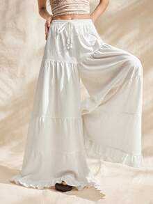 Easelle Women's White Vacation Tie-Waist Ruffle Hem Wide Leg Beach Pants Ruffle Beach Vacation For Women Summer Spring - White - View 4
