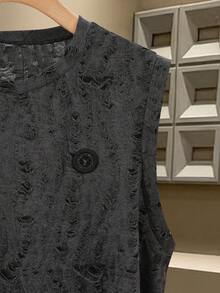 Manfinity Dauomo 男士休闲做旧圆领无袖背心，百搭夏季时尚单品 - 灰色 - 查看 3