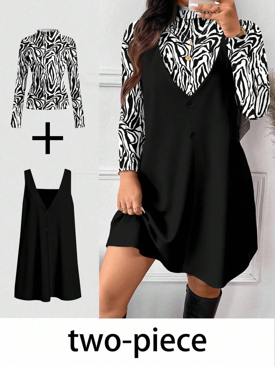 SHEIN Frenchy 大码女式斑马纹长袖立领T恤和围兜连衣裙休闲两件套 - 黑色 - 查看 1