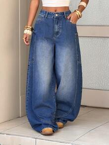 SHEIN Women's Fashion Casual Washed Slant Pocket Loose Fit Jeans - Blue - View 5