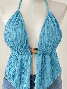 Sunspun Y2K美式朋克风纹理细肩带系带吊带背心（女款） - 薄荷藍 - 查看 6