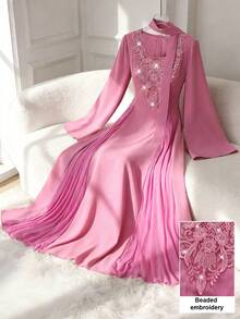 Al Najma V-Neck Beaded Embroidered Floral Tie Mesh Splice Fitted Long Sleeve Elegant Flared Hem Women Evening Gown Dress, Pink - Hot Pink - View 2